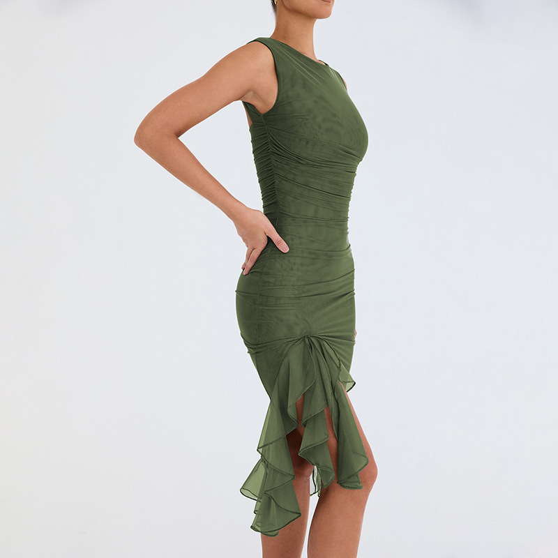 Sexy tight fitting backless pleated midi long skirt