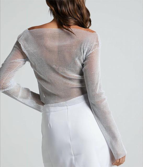 One shoulder top fishing net mesh t-shirt