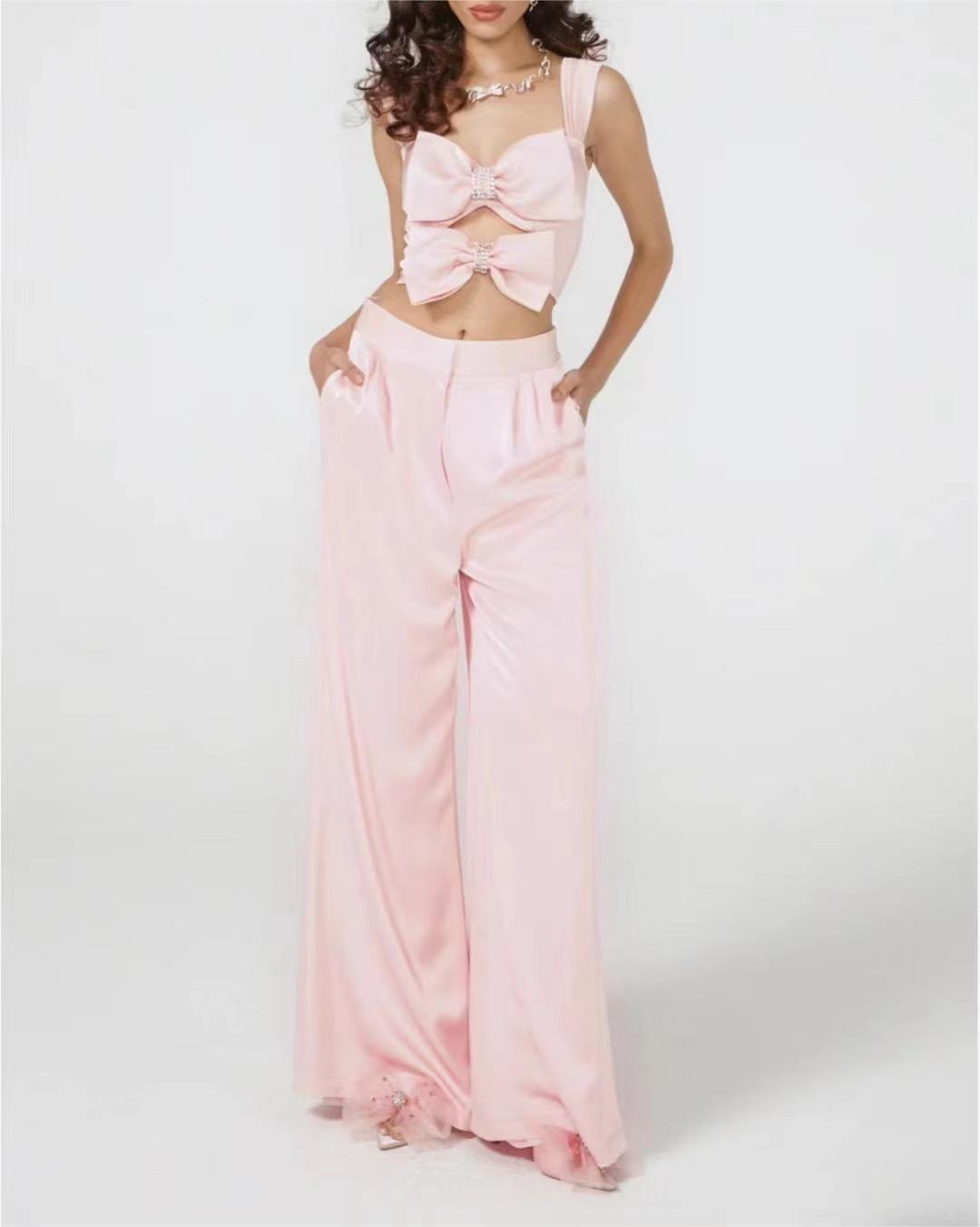 Suspender bow top+casual wide leg long set