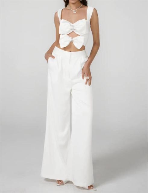 Suspender bow top+casual wide leg long set
