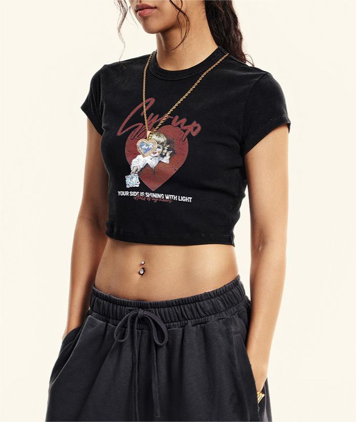 Street trend front shoulder retro t-shirt for women