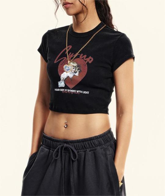 Street trend front shoulder retro t-shirt for women