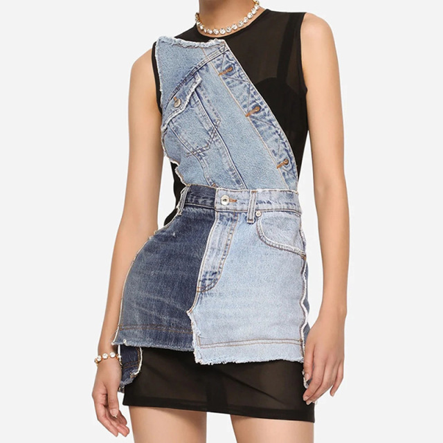 Sleeveless denim skirt patchwork short dress