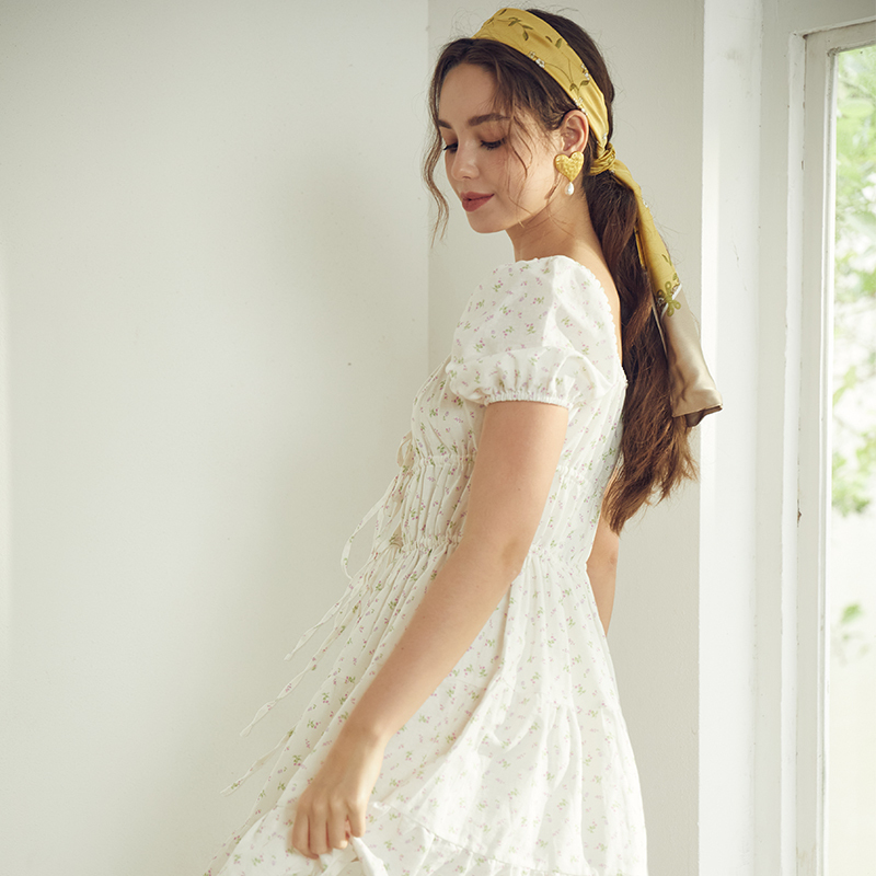 Square Neck Pleated Waist Puff Sleeve Floral Short Dress