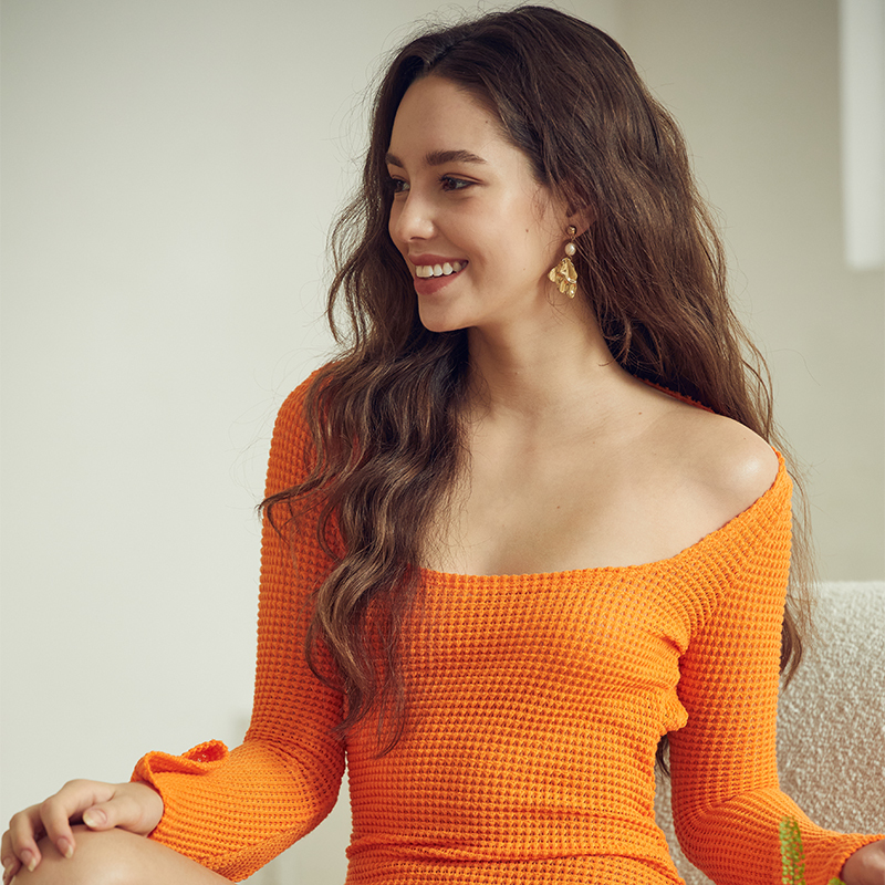 New Design Square Neck Orange Slim Fit Hip Short Dress