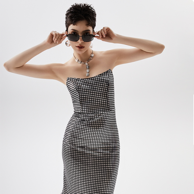 Sexy Silver Black Mohair Tube Top Dress