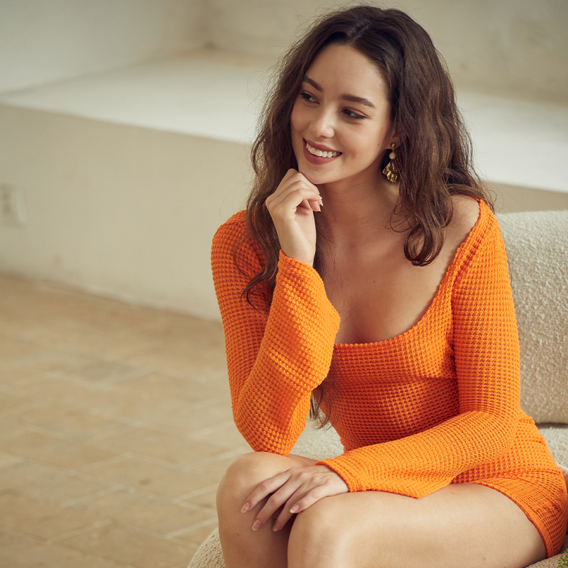 New Design Square Neck Orange Slim Fit Hip Short Dress