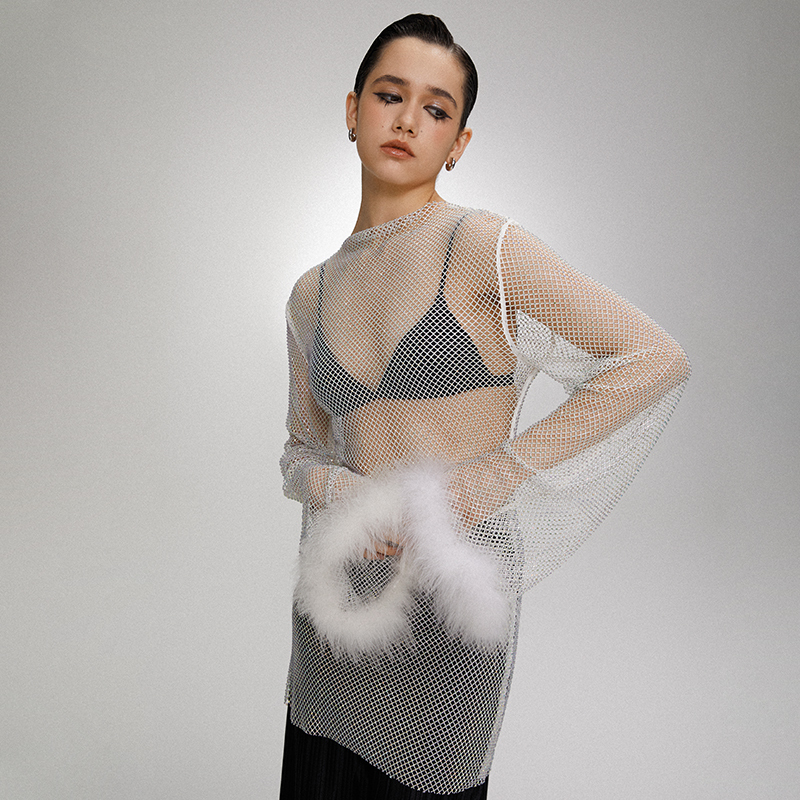 Round Neck Mesh Mohair Loose Long Sleeve Top