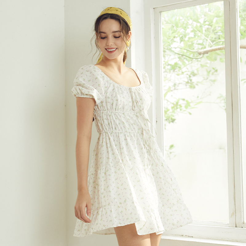 Square Neck Pleated Waist Puff Sleeve Floral Short Dress