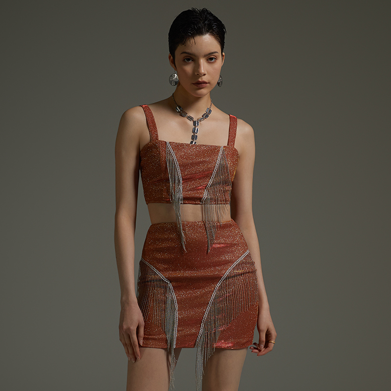 Sexy Tasseled Glitter Suspender Hip Two-Piece Set