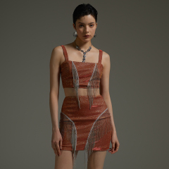 Sexy Tasseled Glitter Suspender Hip Two-Piece Set