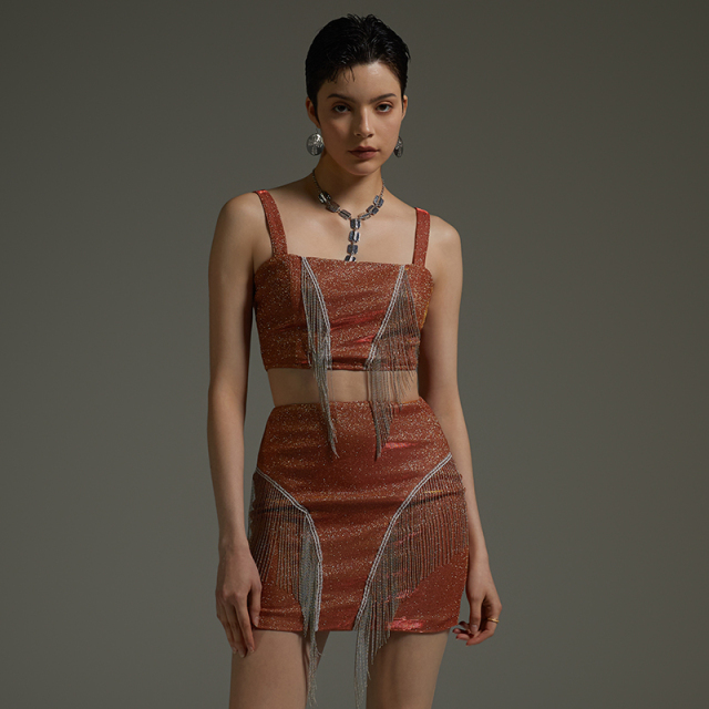 Sexy Tasseled Glitter Suspender Hip Two-Piece Set