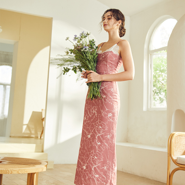 OEM Lace Suspender Line Floral Long Dress