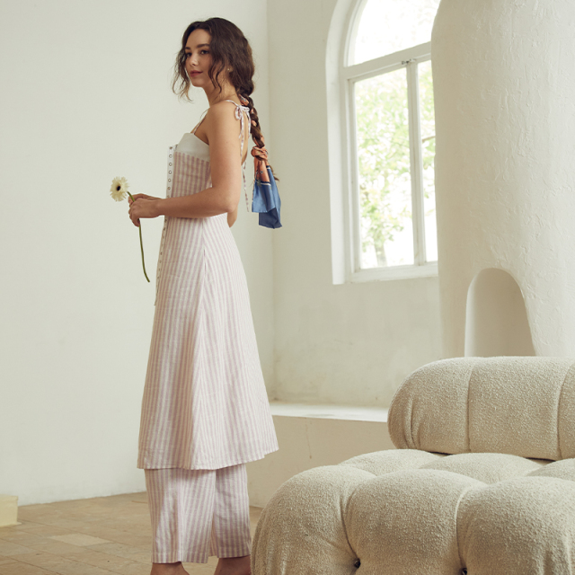Striped Suspender Linen Backless Dress/Trousers Set