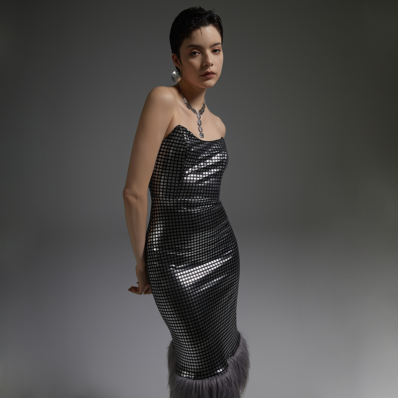Sexy Silver Black Mohair Tube Top Dress