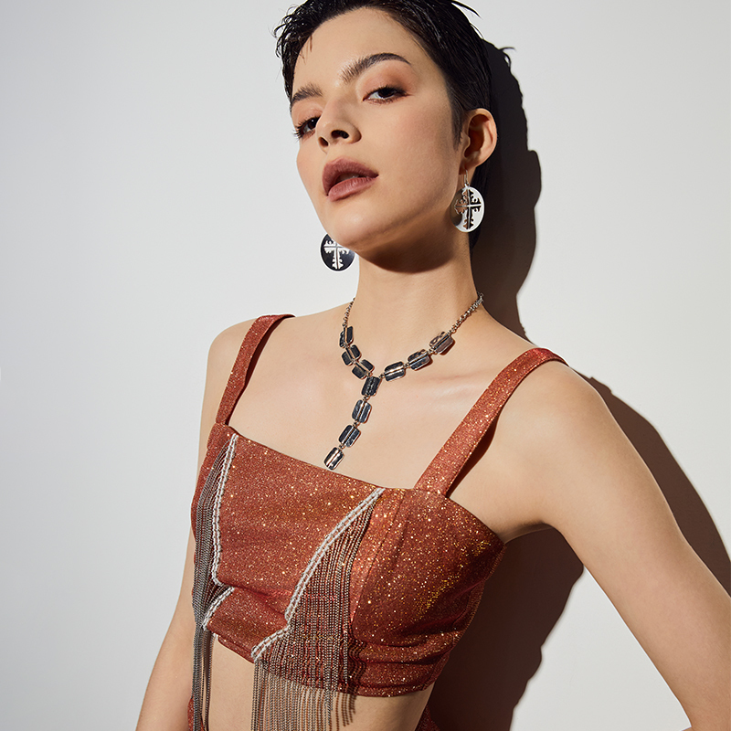 Sexy Tasseled Glitter Suspender Hip Two-Piece Set