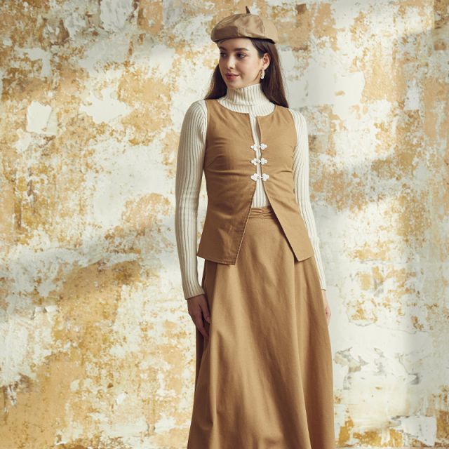 Brown buttoned vest two-piece set