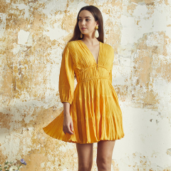 Yellow casual v-neck waist long-sleeved textured dress