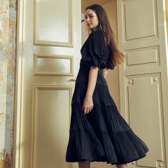 Black V-neck puff sleeve waist long dress