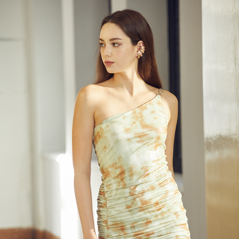 New Design Off-shoulder backless tie-dye pleated hip dress