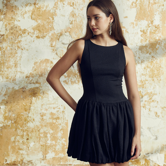 Black sleeveless waisted floral dress