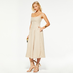 Khaki linen waist-cinched suspender maxi dress