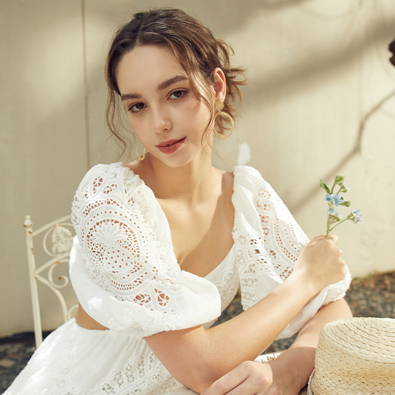 White Puff Sleeves Hollow Backless Strappy Short Dress