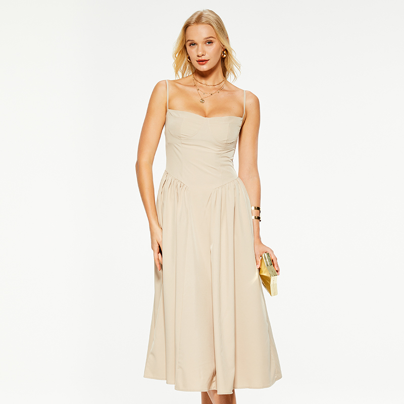 Khaki linen waist-cinched suspender maxi dress