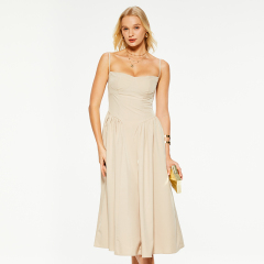 Khaki linen waist-cinched suspender maxi dress