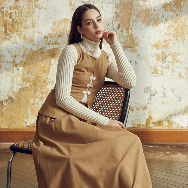 Brown buttoned vest two-piece set