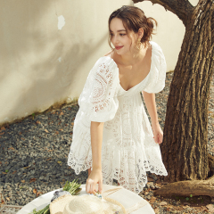White Puff Sleeves Hollow Backless Strappy Short Dress