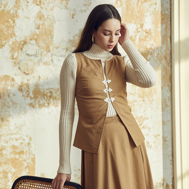 Brown buttoned vest two-piece set