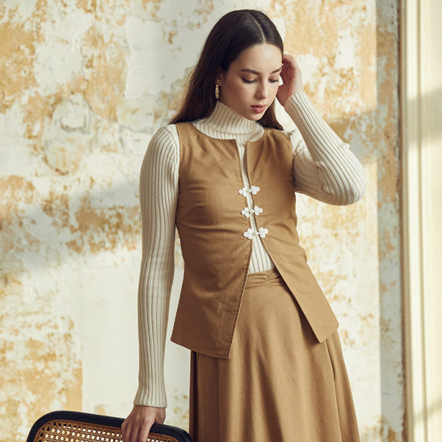 Brown buttoned vest two-piece set