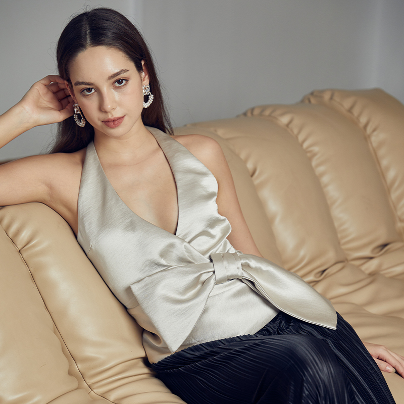 OEM Silver temperamental halter v-neck bow top