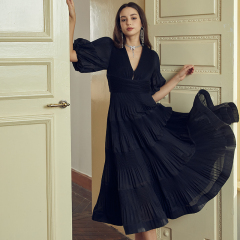 Black V-neck puff sleeve waist long dress