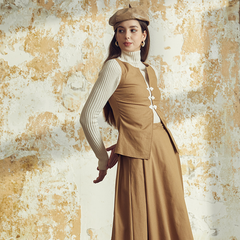 Brown buttoned vest two-piece set
