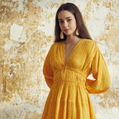 Yellow casual v-neck waist long-sleeved textured dress