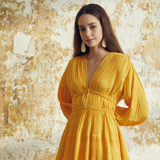 Yellow casual v-neck waist long-sleeved textured dress