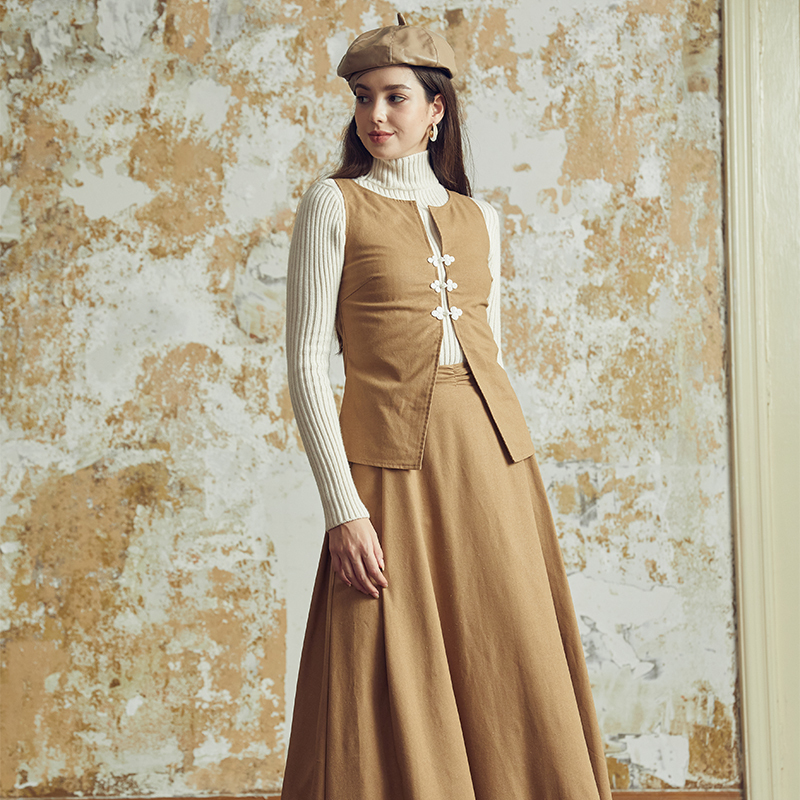 Brown buttoned vest two-piece set