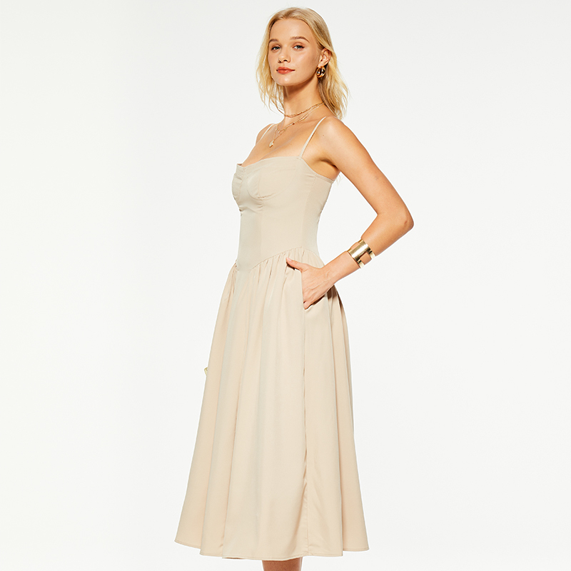 Khaki linen waist-cinched suspender maxi dress