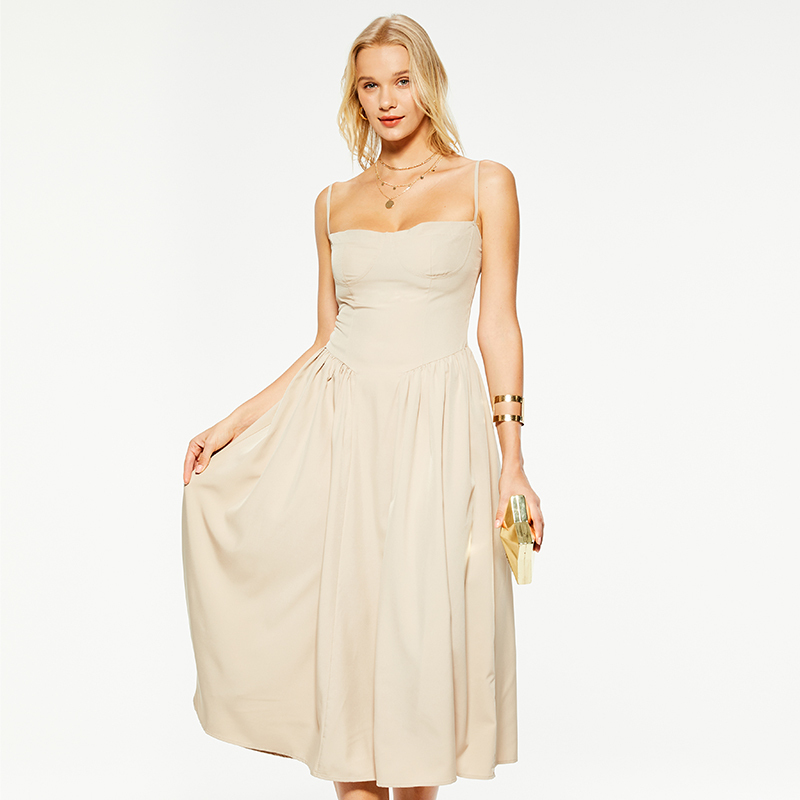 Khaki linen waist-cinched suspender maxi dress