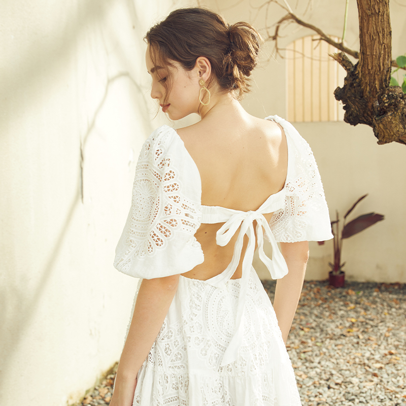 White Puff Sleeves Hollow Backless Strappy Short Dress