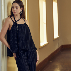 Beaded lace-up pleated puffy suspender straight pants suit