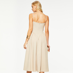Khaki linen waist-cinched suspender maxi dress