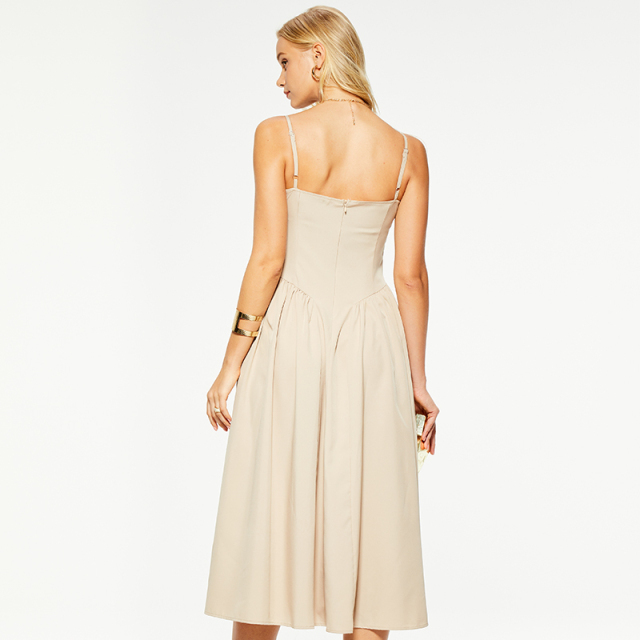 Khaki linen waist-cinched suspender maxi dress