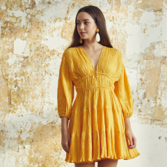 Yellow casual v-neck waist long-sleeved textured dress