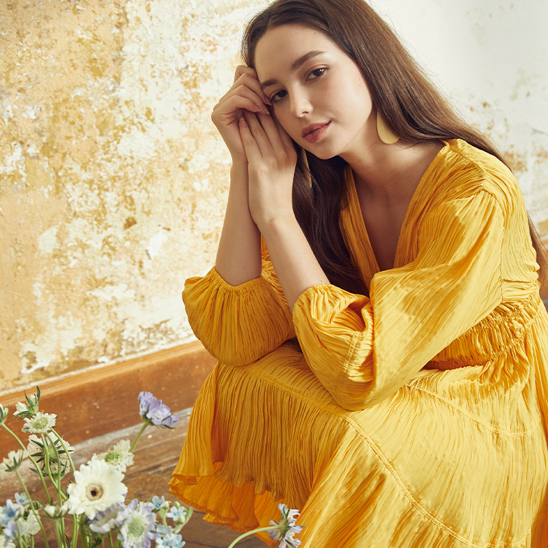 Yellow casual v-neck waist long-sleeved textured dress