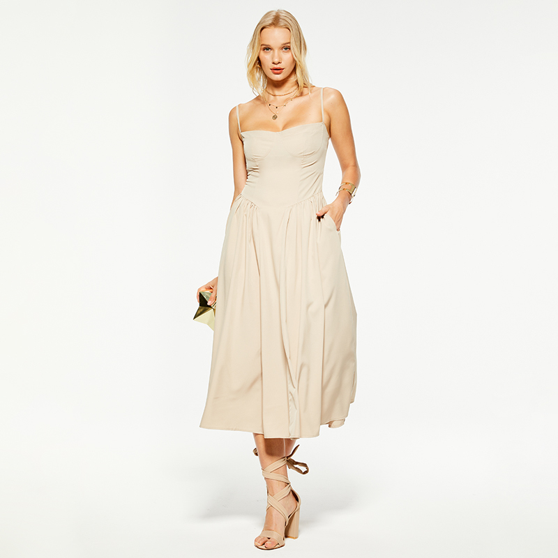 Khaki linen waist-cinched suspender maxi dress