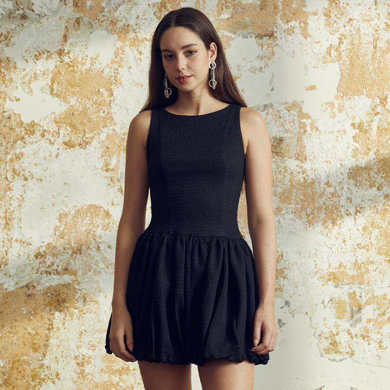 Black sleeveless waisted floral dress
