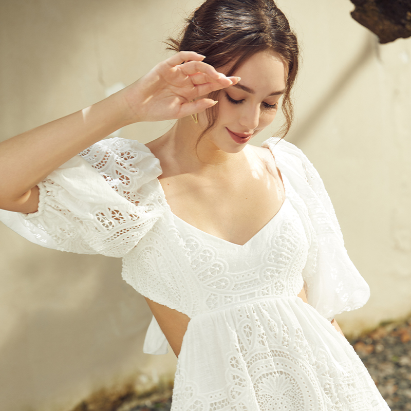 White Puff Sleeves Hollow Backless Strappy Short Dress